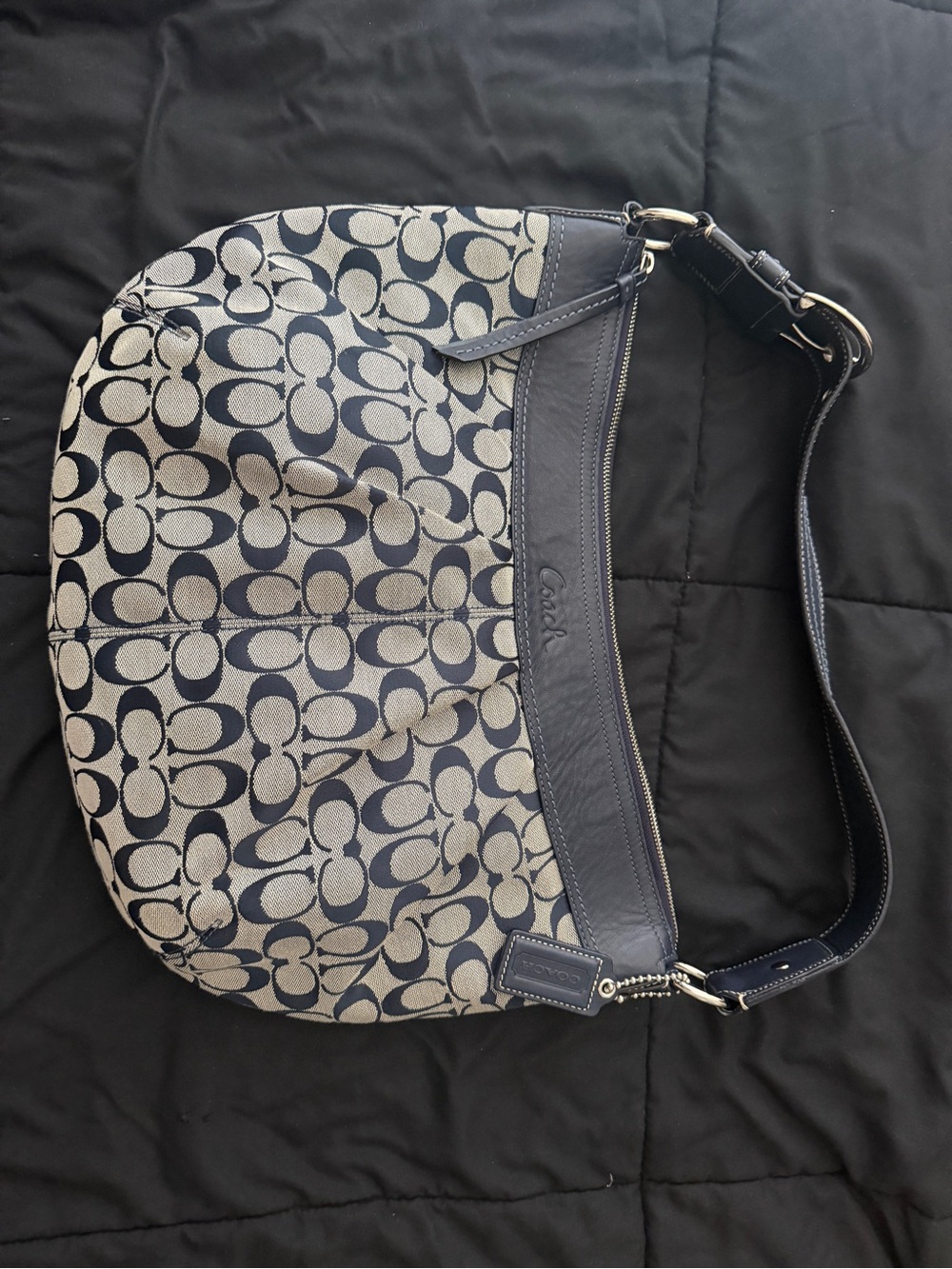 Coach Navy and Ivory Signature Crescent Shoulder Bag